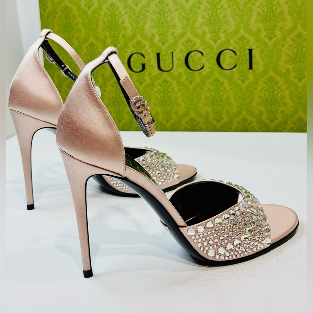 Gucci GG Crystal Embellished Rhinestones Heels Pink Satin Sandals Size 37.5 - Picture 9 of 16